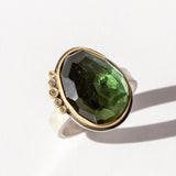 Large Rose Cut Green Tourmaline Ring with Five Diamond Dots