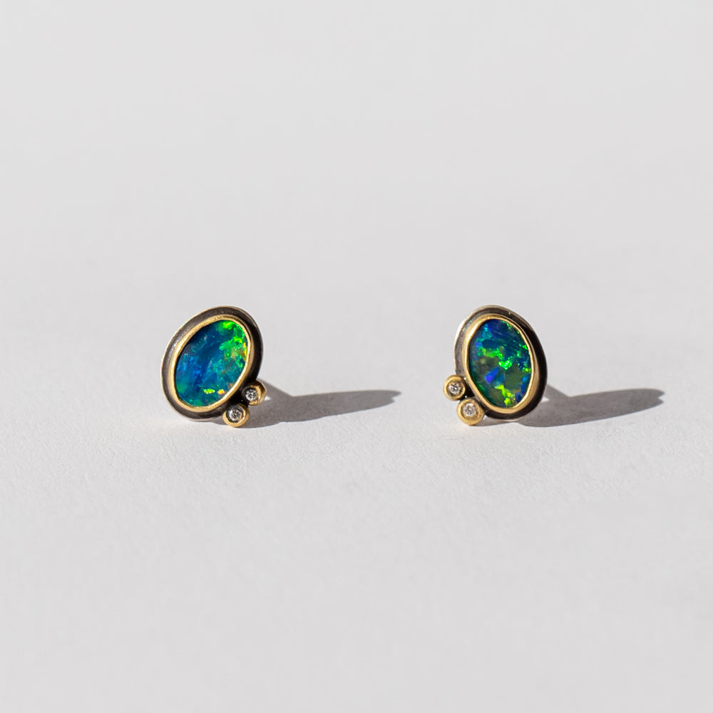 Oval Australian Opal Stud Earrings with Two Diamond Dots