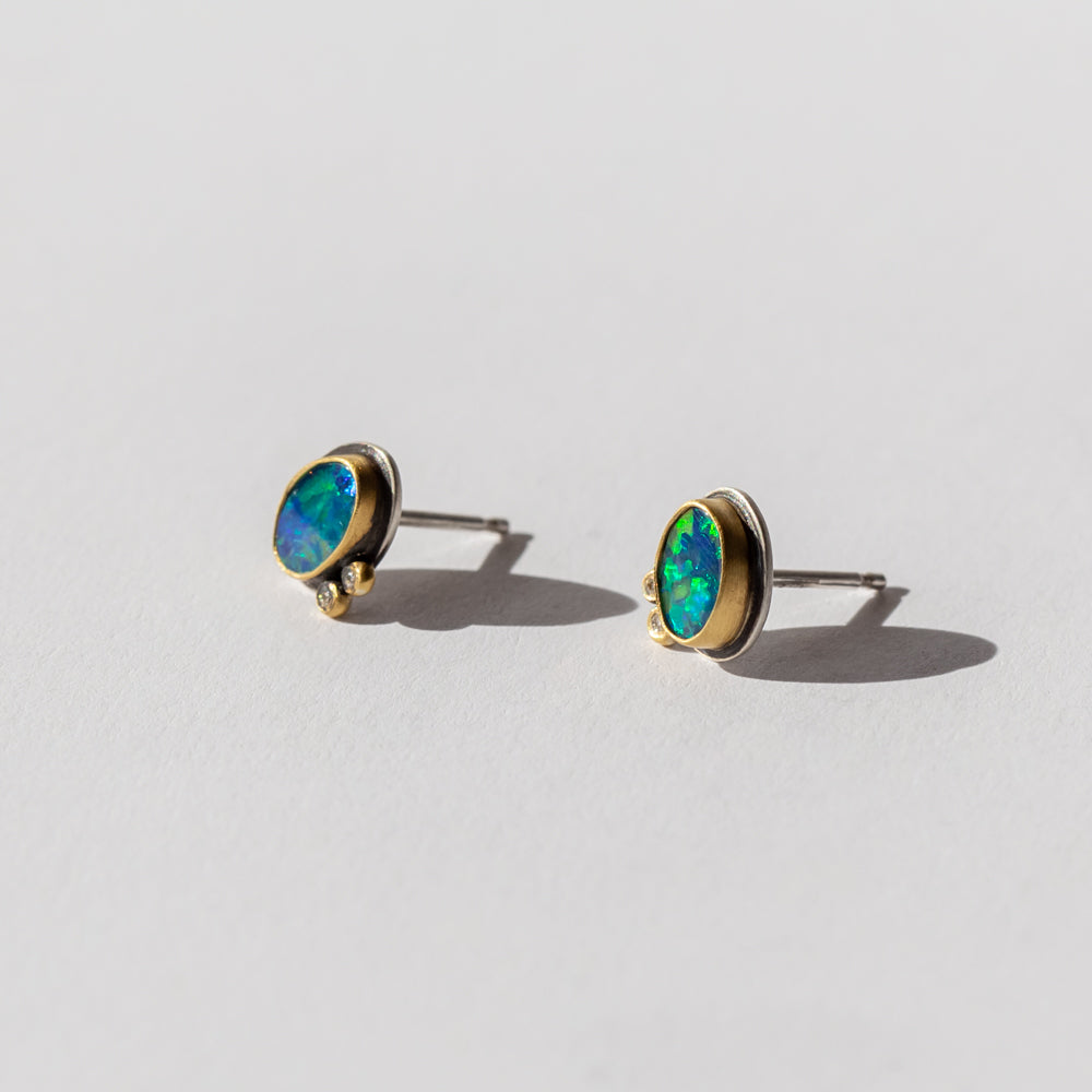 Oval Australian Opal Stud Earrings with Two Diamond Dots