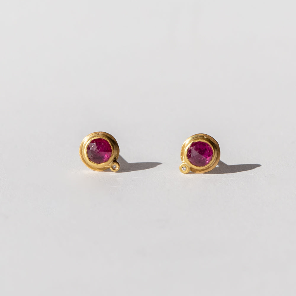 Round Rose Cut Ruby Stud Earrings with Diamond Dot