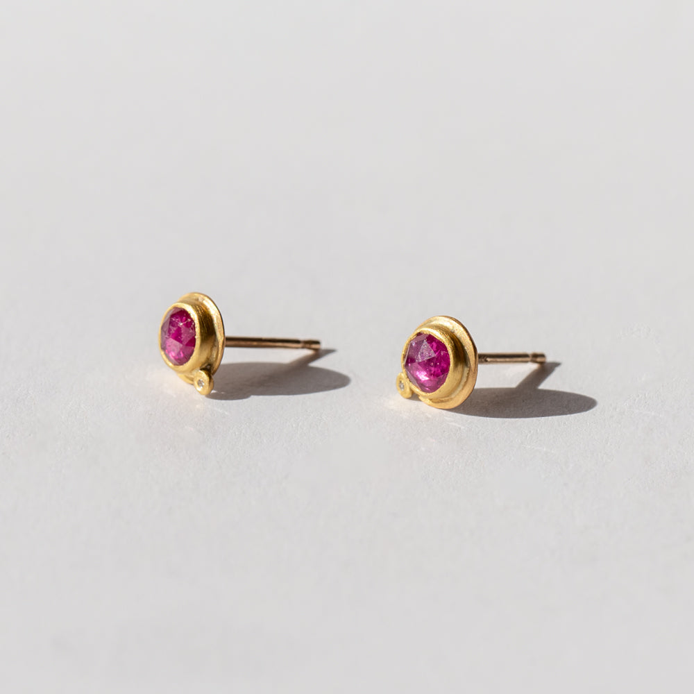 Round Rose Cut Ruby Stud Earrings with Diamond Dot