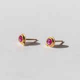 Round Rose Cut Ruby Stud Earrings with Diamond Dot