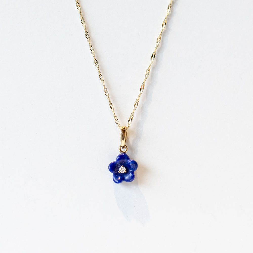Lapis and Diamond Blossom Flower Necklace