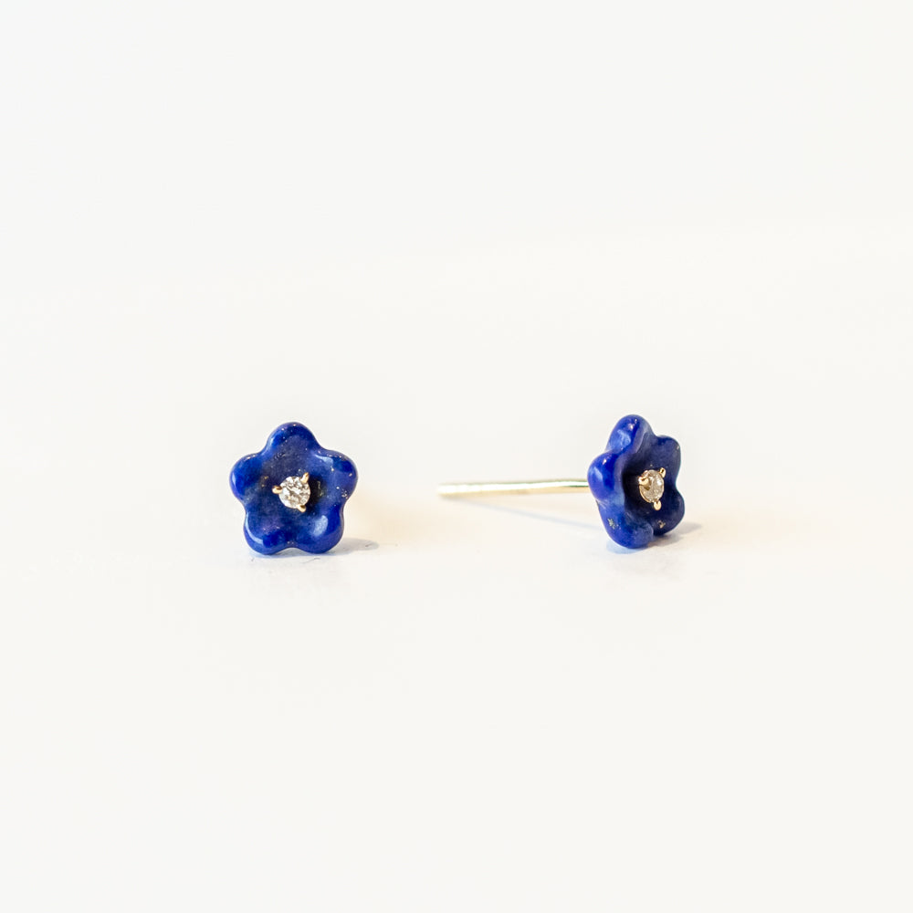 Lapis and Diamond Blossom Flower Stud Earrings