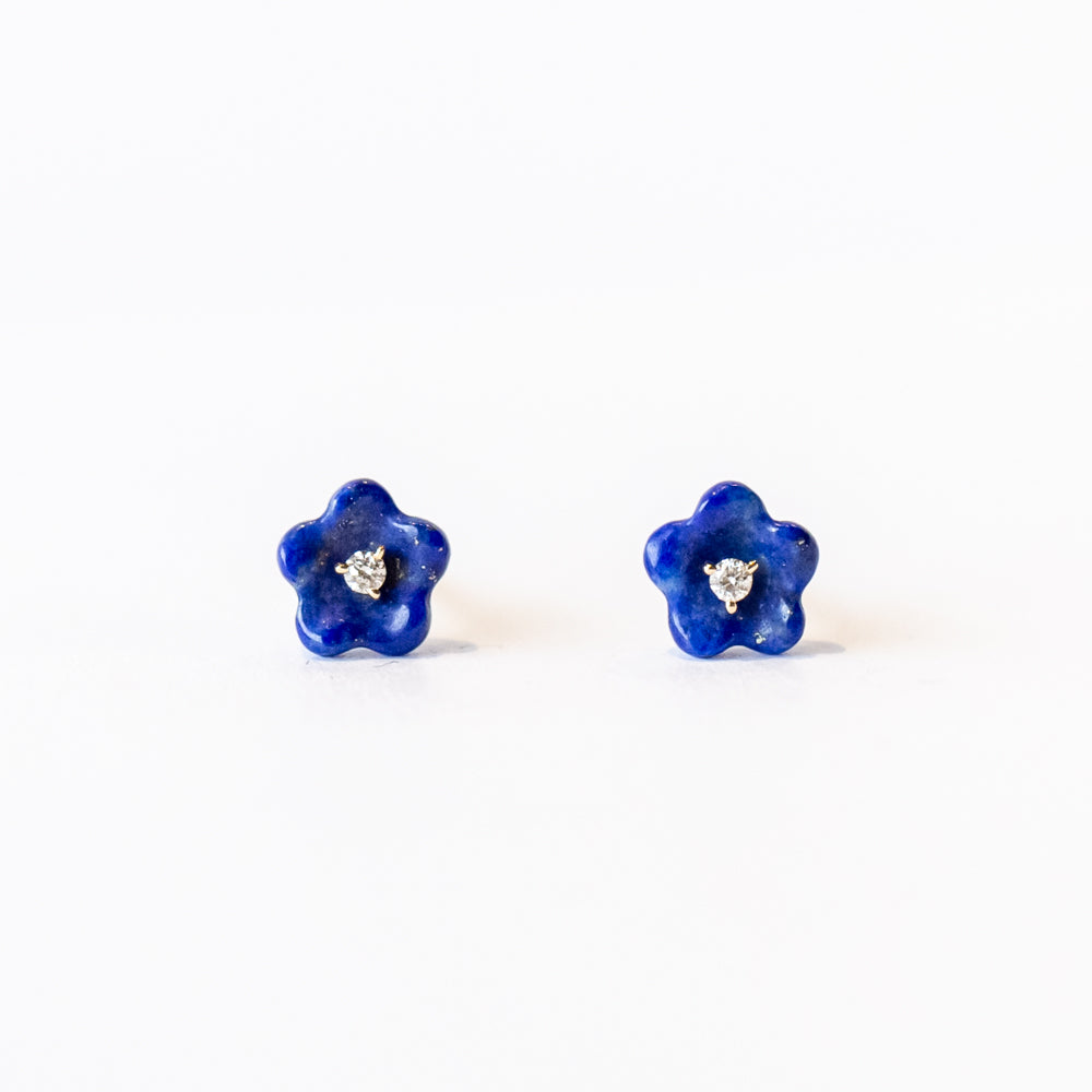 Lapis and Diamond Blossom Flower Stud Earrings