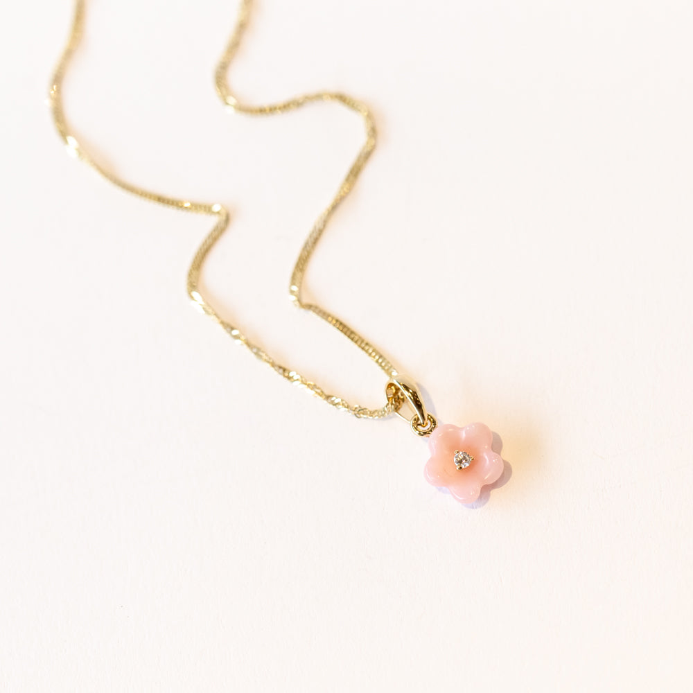 Pink Peruvian Opal and Diamond Blossom Flower Necklace