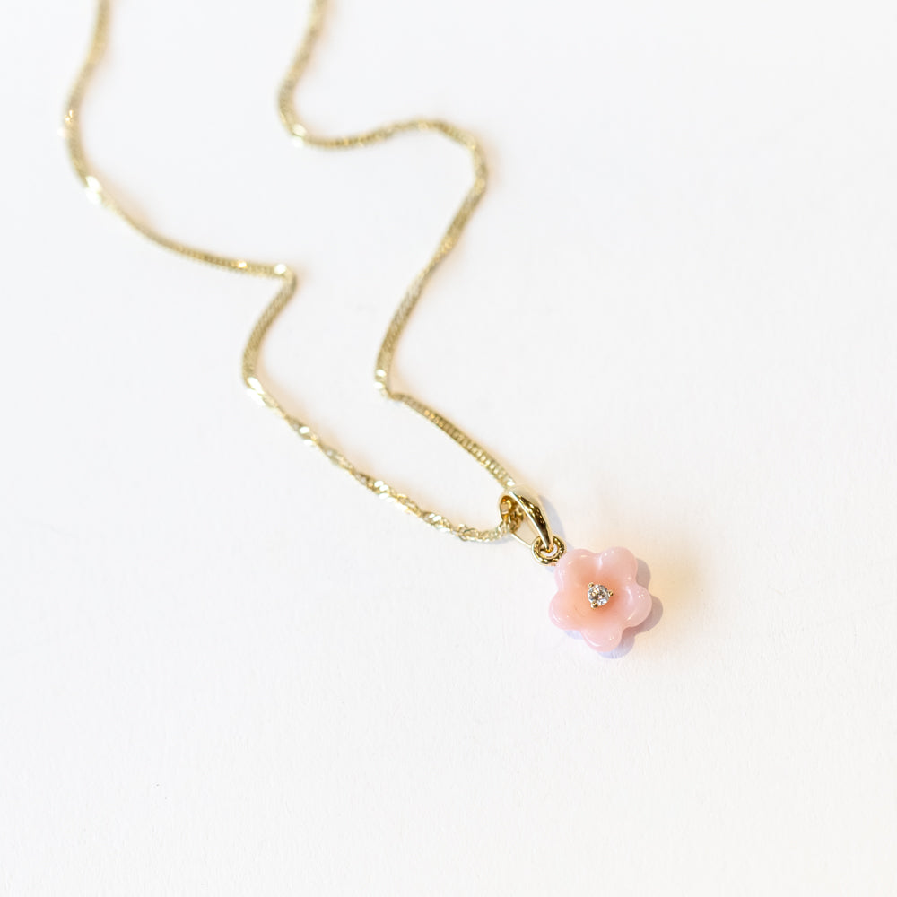 Pink Peruvian Opal and Diamond Blossom Flower Necklace