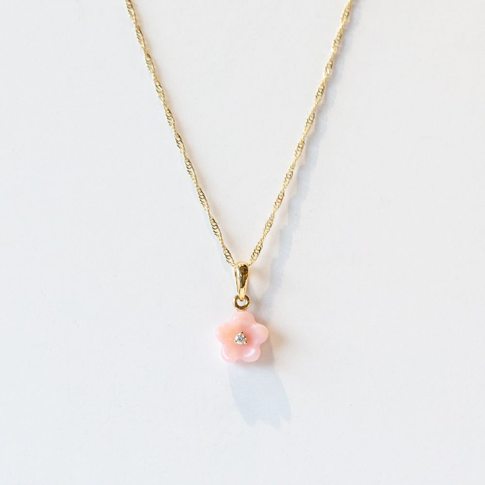 Pink Peruvian Opal and Diamond Blossom Flower Necklace