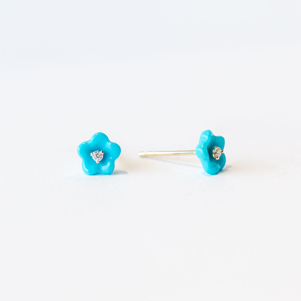 Turquoise and Diamond Blossom Flower Stud Earrings