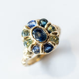 Blue and Green Sapphire Mega Halo Ring