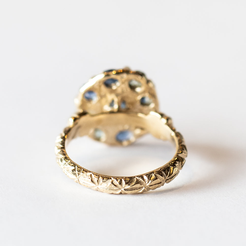 Blue and Green Sapphire Mega Halo Ring