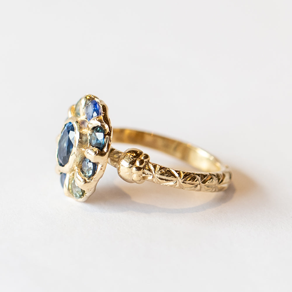 Blue and Green Sapphire Mega Halo Ring