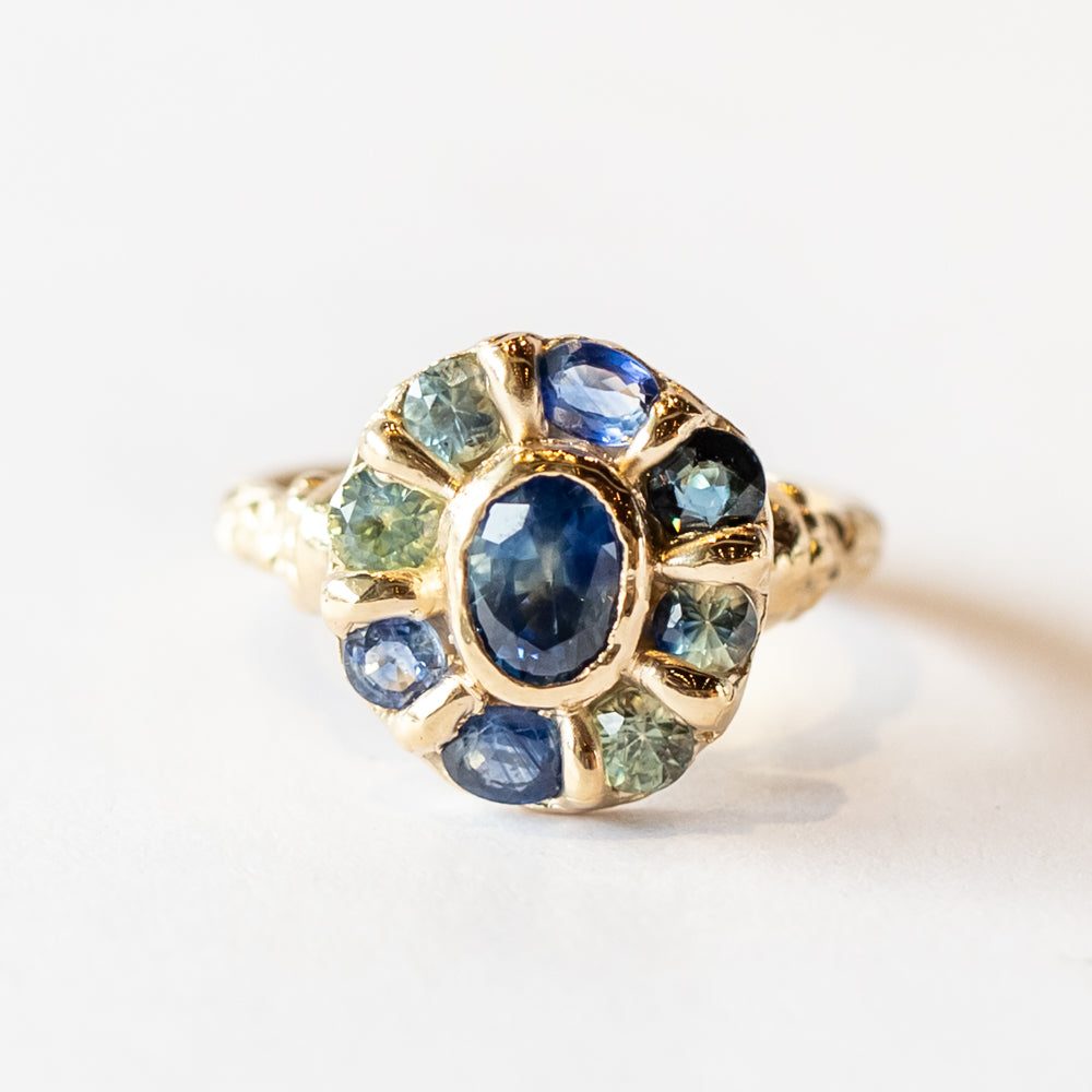 Blue and Green Sapphire Mega Halo Ring