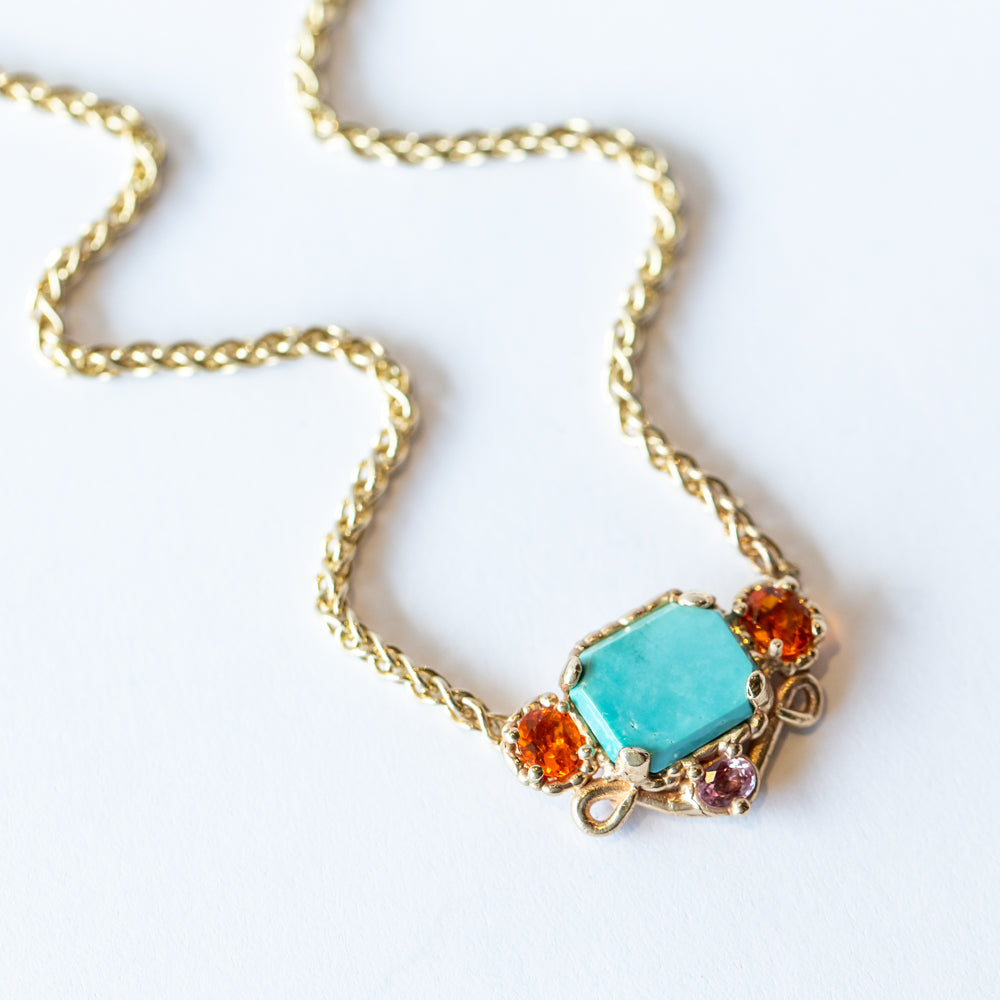 Turquoise, Fire Opal, and Pink Sapphire Totem Necklace