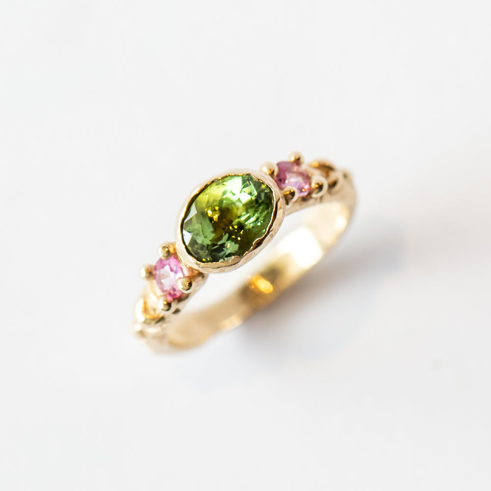 Carved Green and Pink Gemstone Ring
