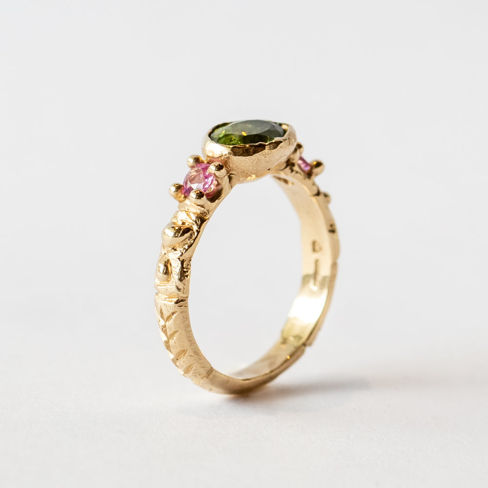 Carved Green and Pink Gemstone Ring