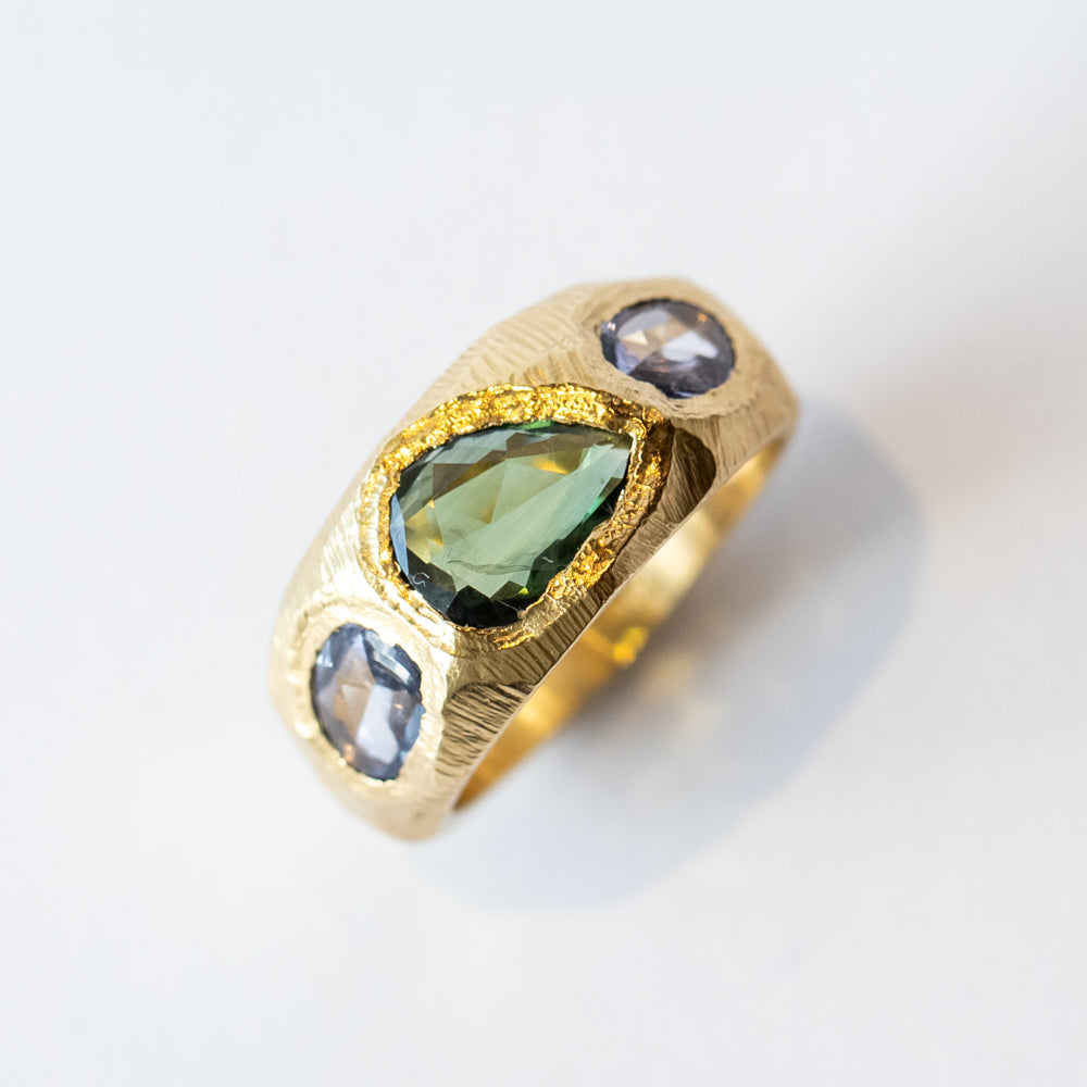 Three Stone Tapered Green and Blue Sapphire Ring
