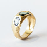 Three Stone Tapered Green and Blue Sapphire Ring