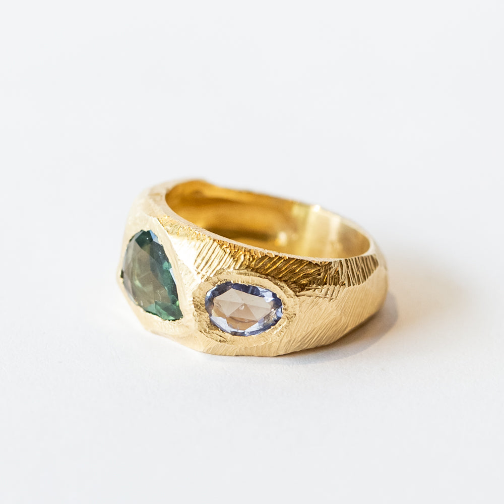 Three Stone Tapered Green and Blue Sapphire Ring
