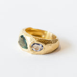 Three Stone Tapered Green and Blue Sapphire Ring