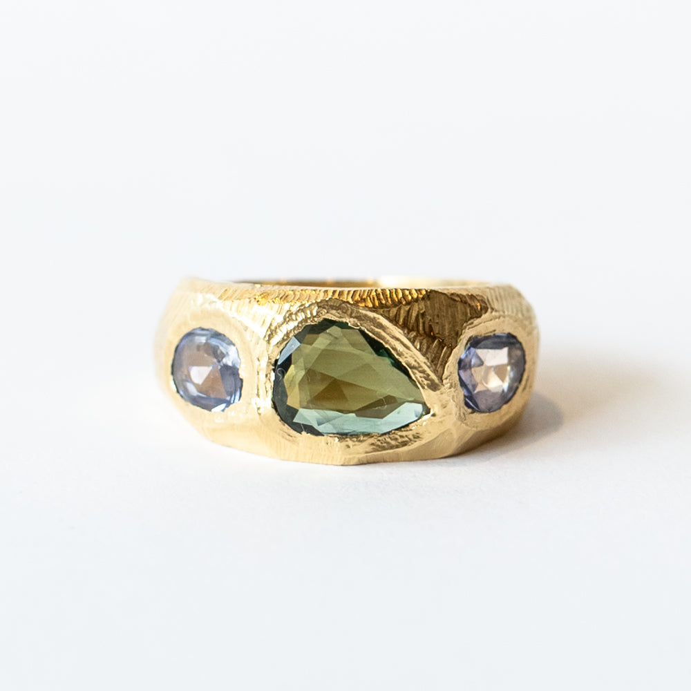 Three Stone Tapered Green and Blue Sapphire Ring