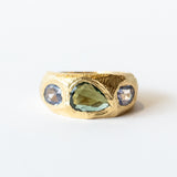 Three Stone Tapered Green and Blue Sapphire Ring