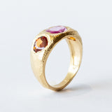 Three Stone Tapered Orange and Pink Sapphire Ring