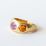 Three Stone Tapered Orange and Pink Sapphire Ring