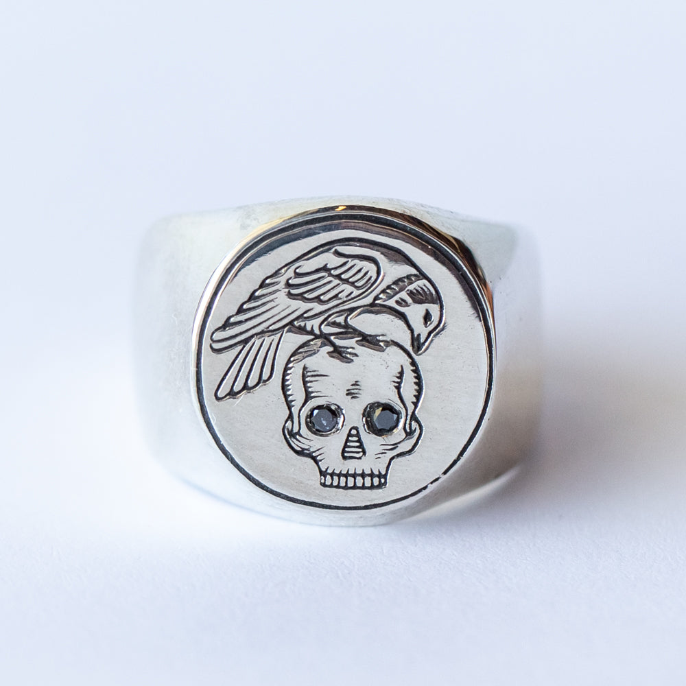 All Men Must Die Signet Ring with Black Diamond Eyes