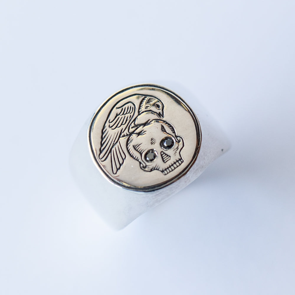 All Men Must Die Signet Ring with Black Diamond Eyes