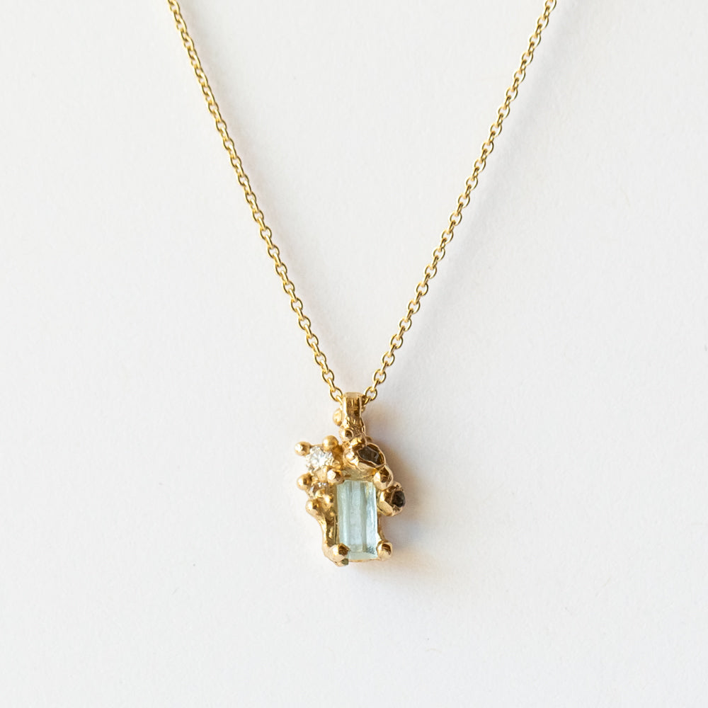 Raw Aquamarine and Diamond Encrusted Pendant Necklace