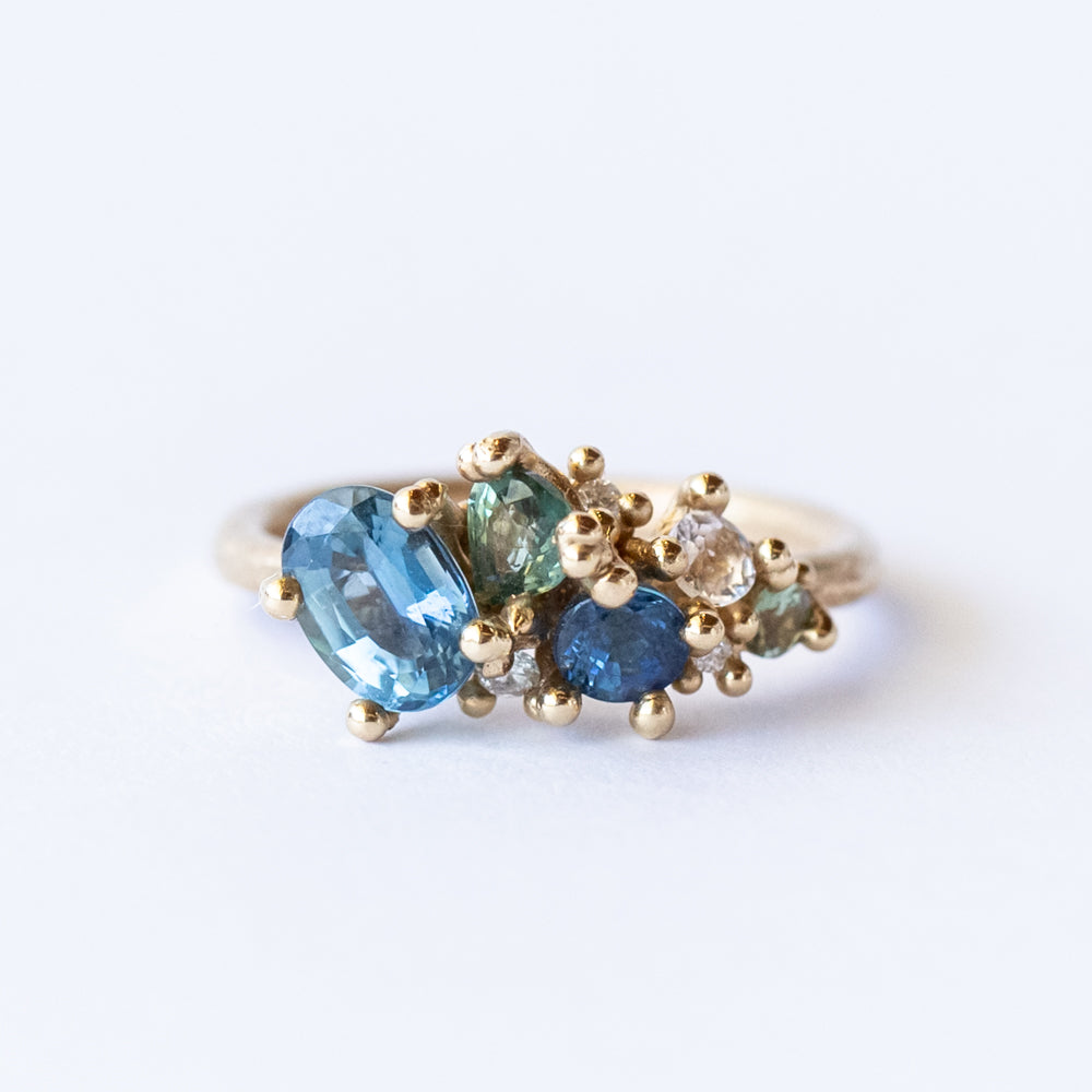 Mixed Blue Sapphire and Diamond Tumbling Cluster Ring