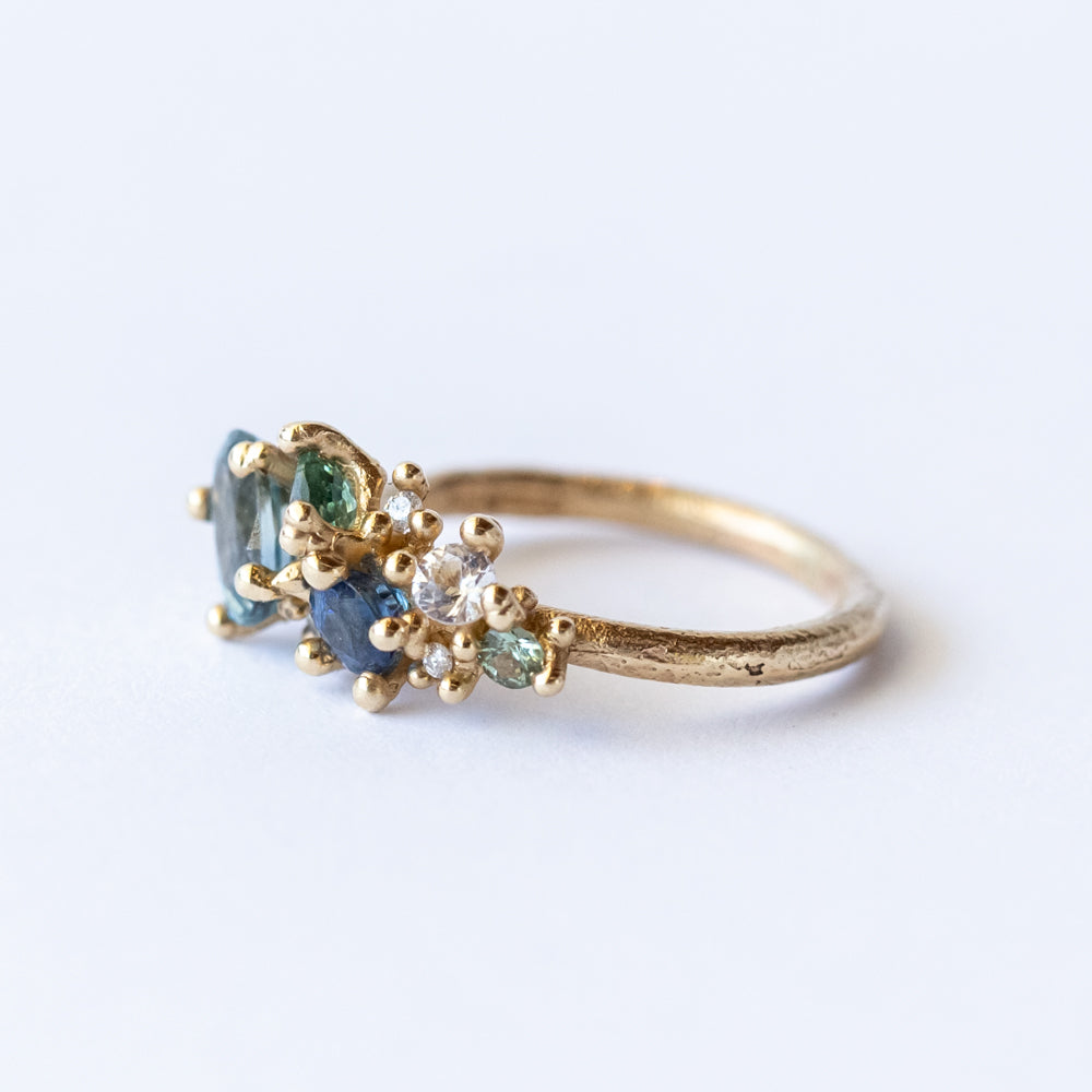 Mixed Blue Sapphire and Diamond Tumbling Cluster Ring
