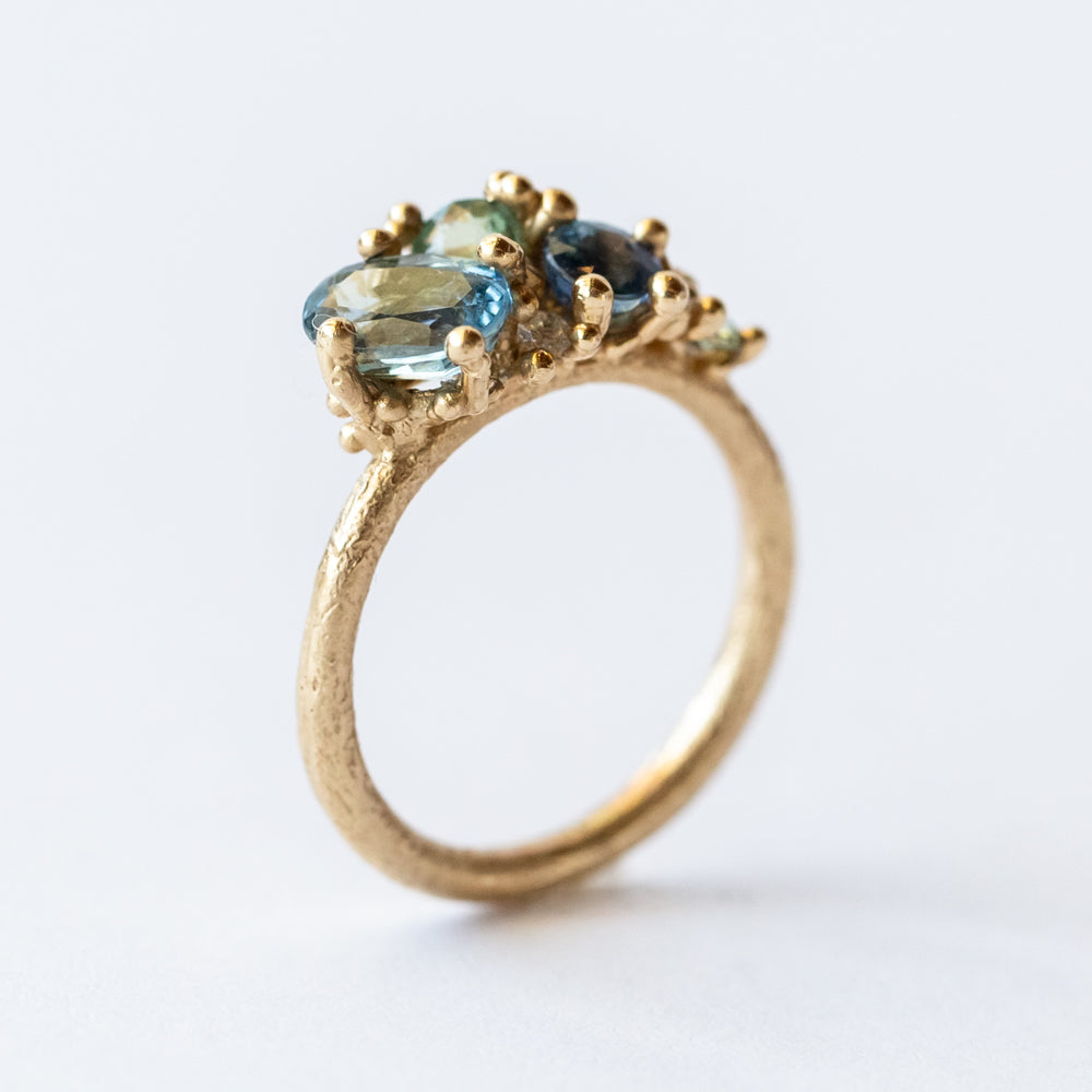 Mixed Blue Sapphire and Diamond Tumbling Cluster Ring