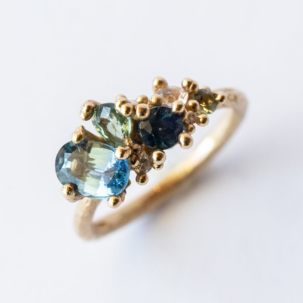 Mixed Blue Sapphire and Diamond Tumbling Cluster Ring