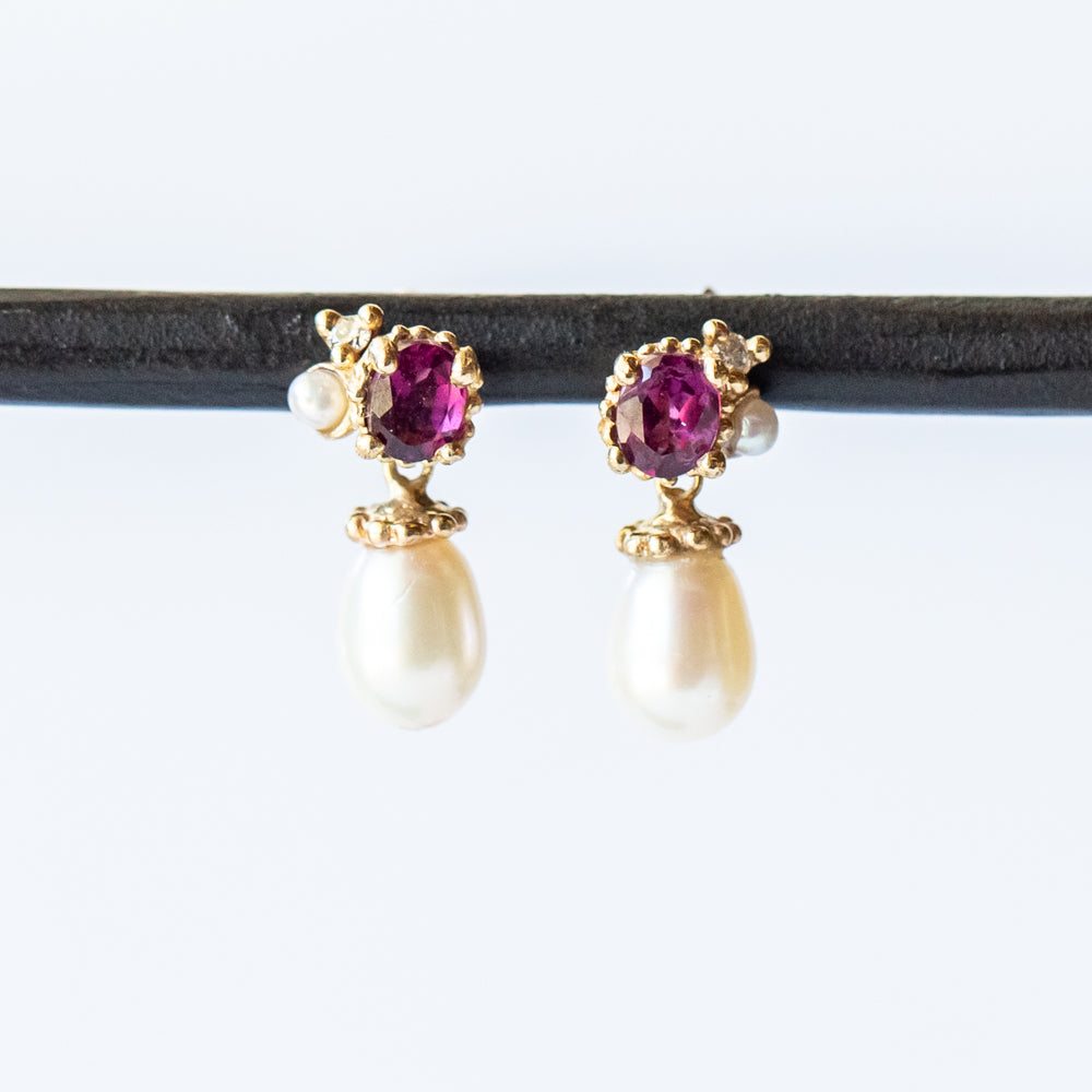 Garnet and Pearl Cluster Drop Earrings