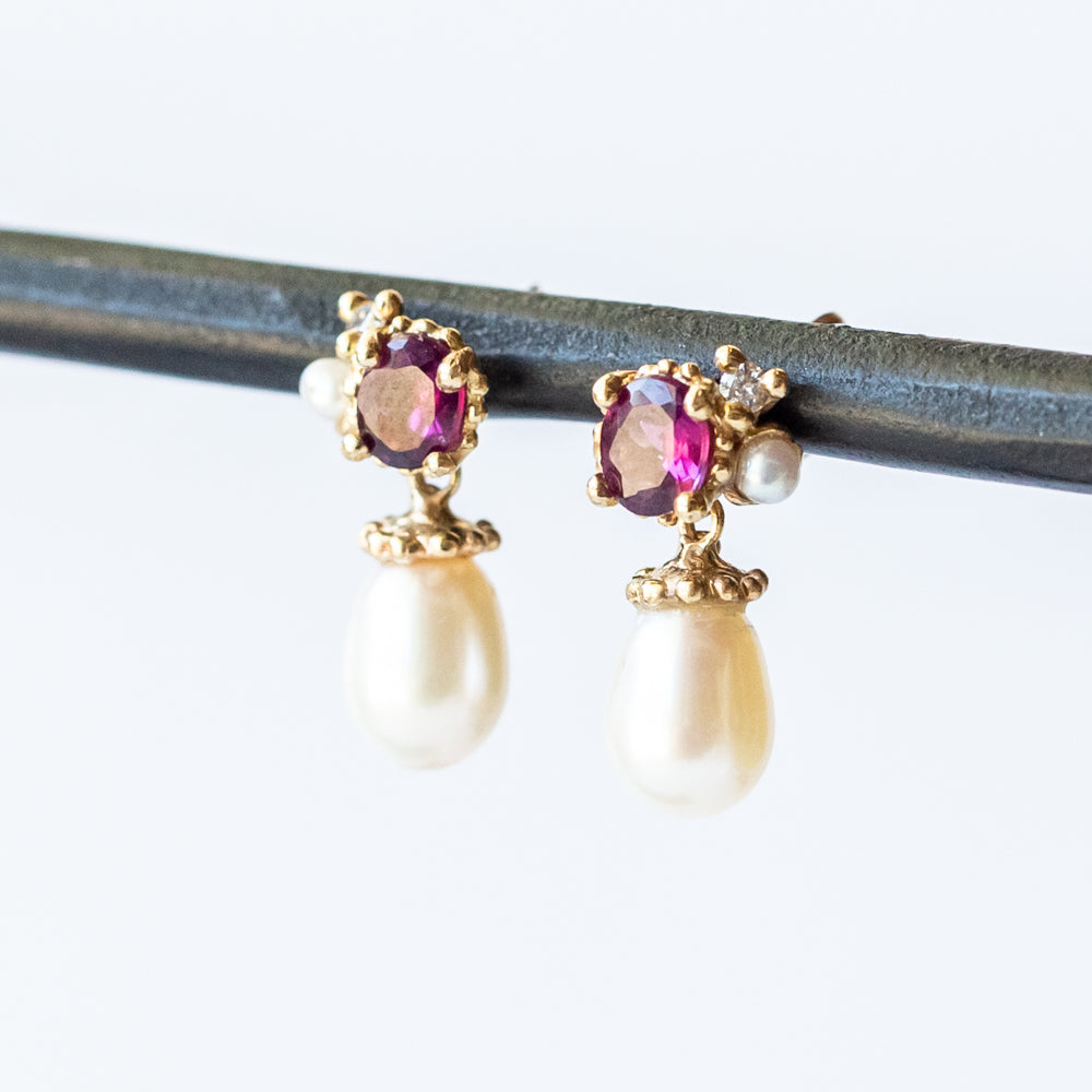 Garnet and Pearl Cluster Drop Earrings