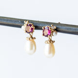 Garnet and Pearl Cluster Drop Earrings