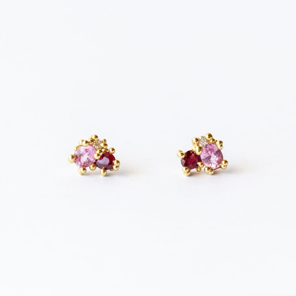 Pink Sapphire and Ruby Cluster Stud Earrings