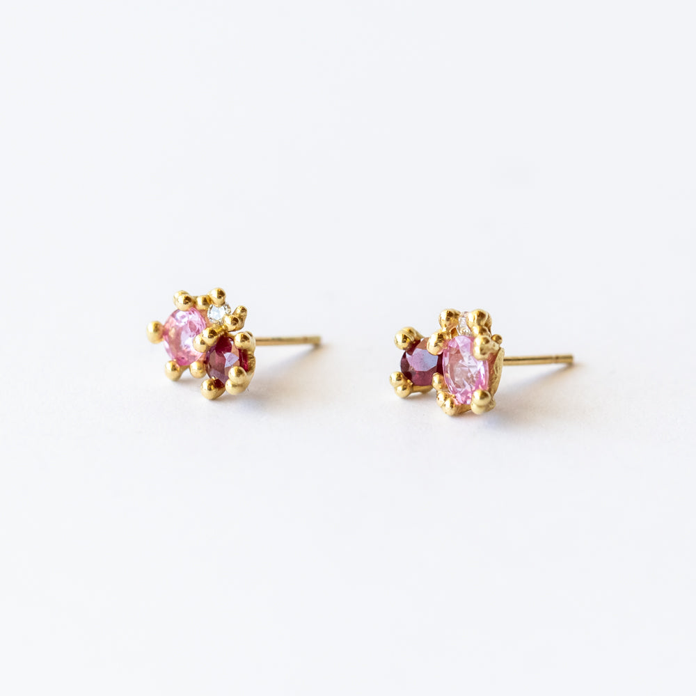 Pink Sapphire and Ruby Cluster Stud Earrings