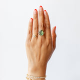Large Rose Cut Green Tourmaline Ring with Five Diamond Dots