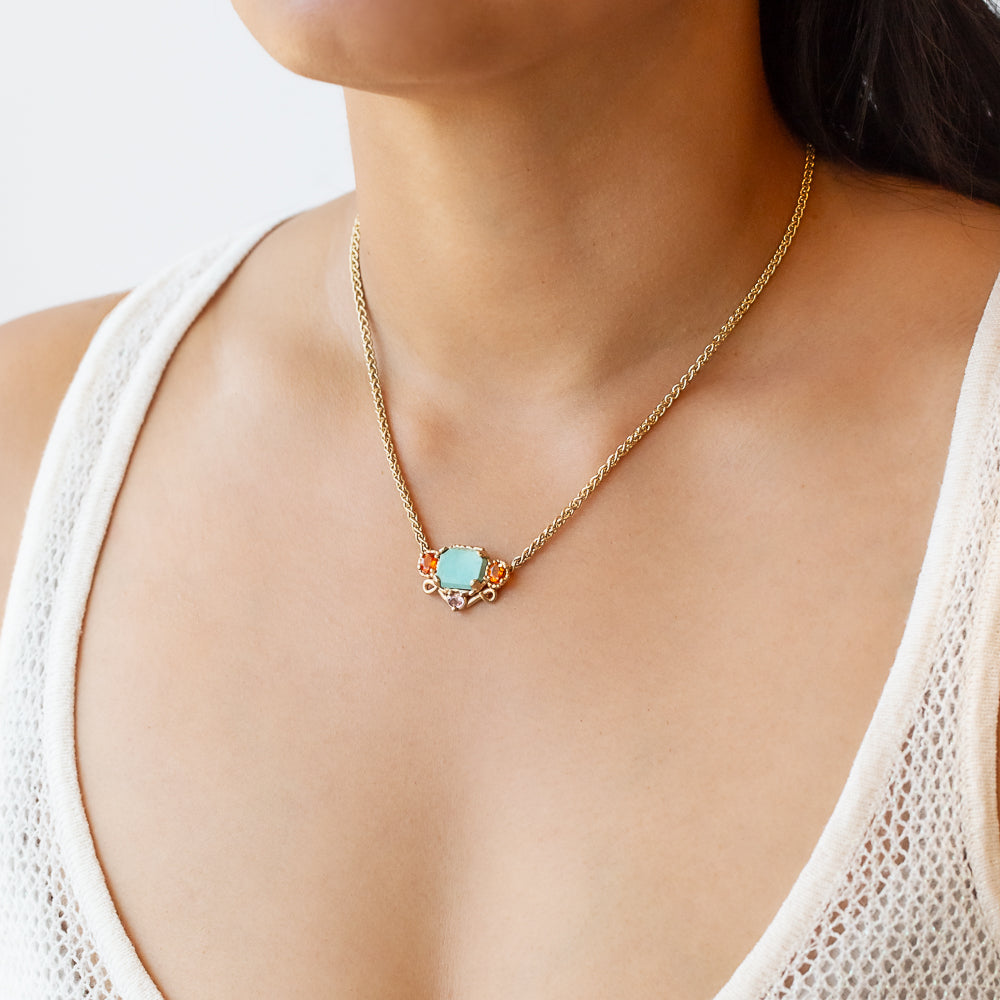 Turquoise, Fire Opal, and Pink Sapphire Totem Necklace