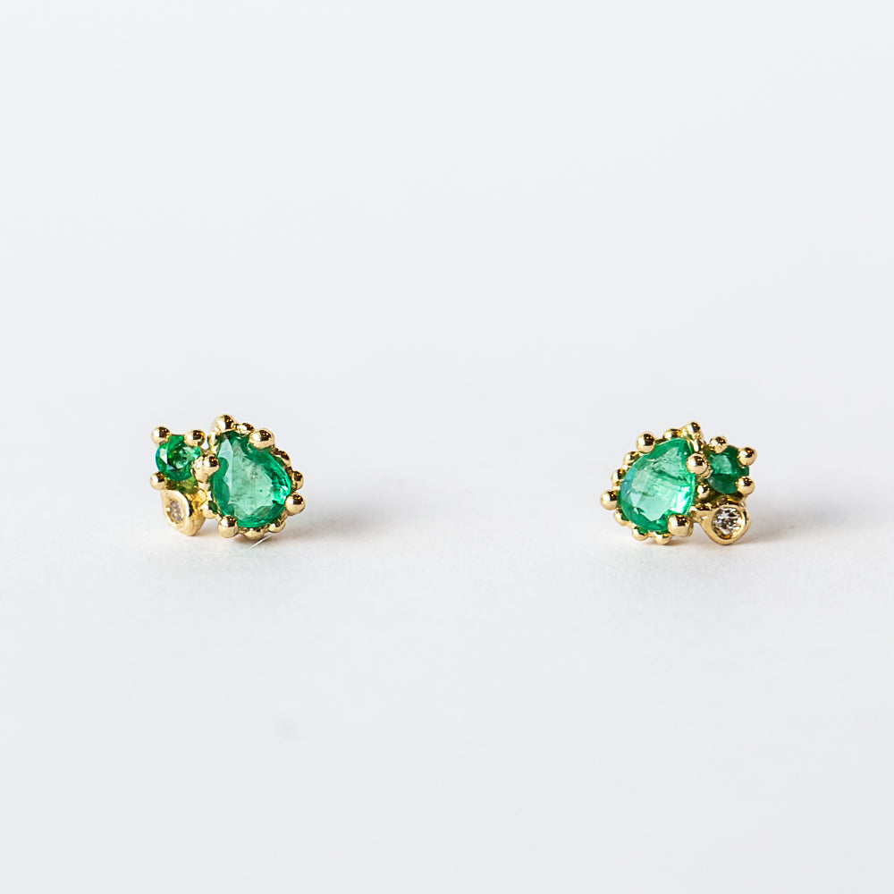 Emerald and Diamond Mixed Cluster Stud Earrings