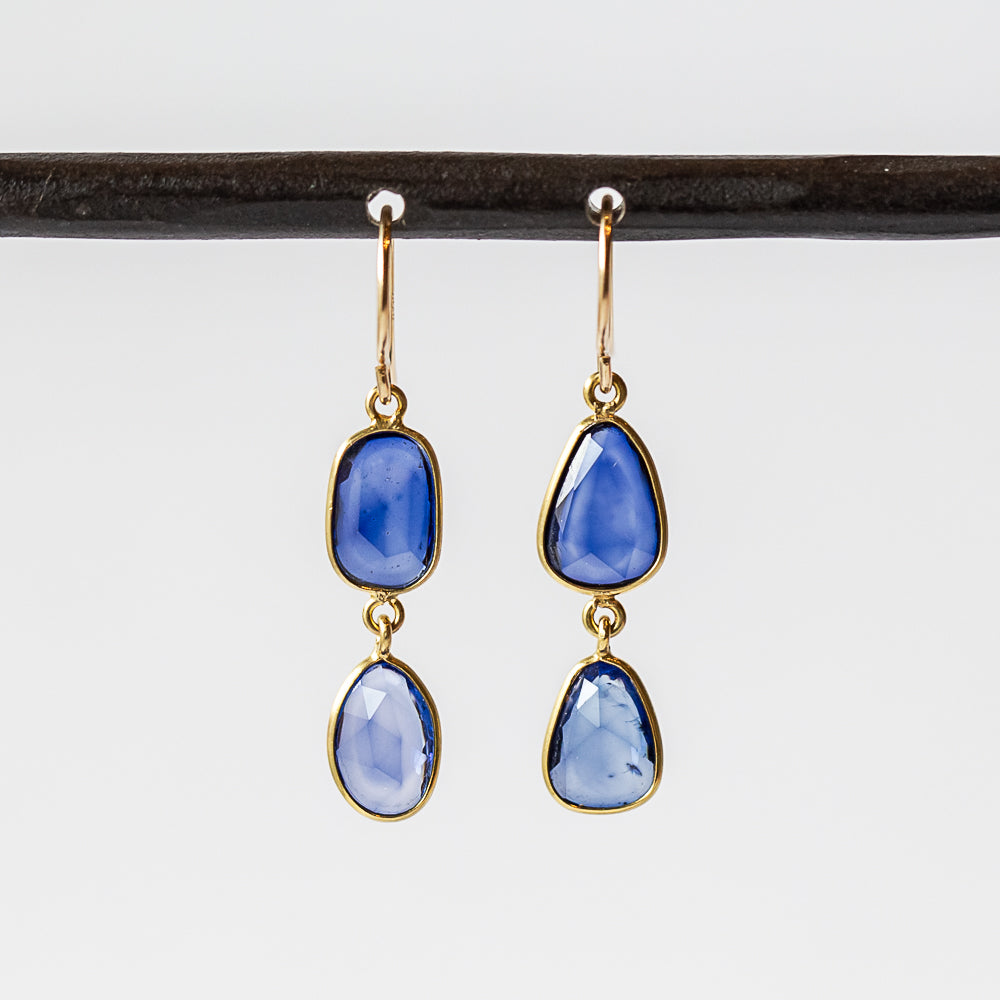 Asymmetrical Blue Sapphire Double Drop Earrings