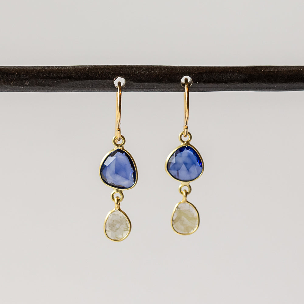 Asymmetrical Sapphire and Diamond Slice Double Drop Earrings