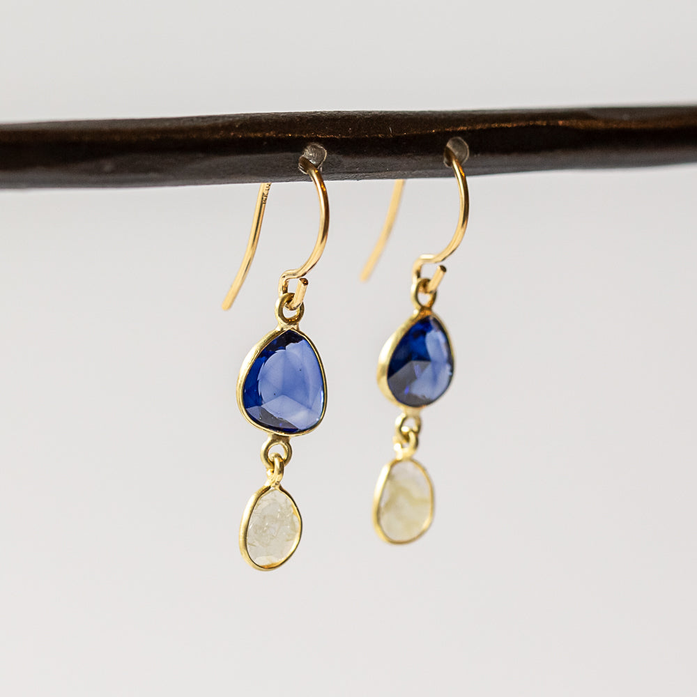 Asymmetrical Sapphire and Diamond Slice Double Drop Earrings