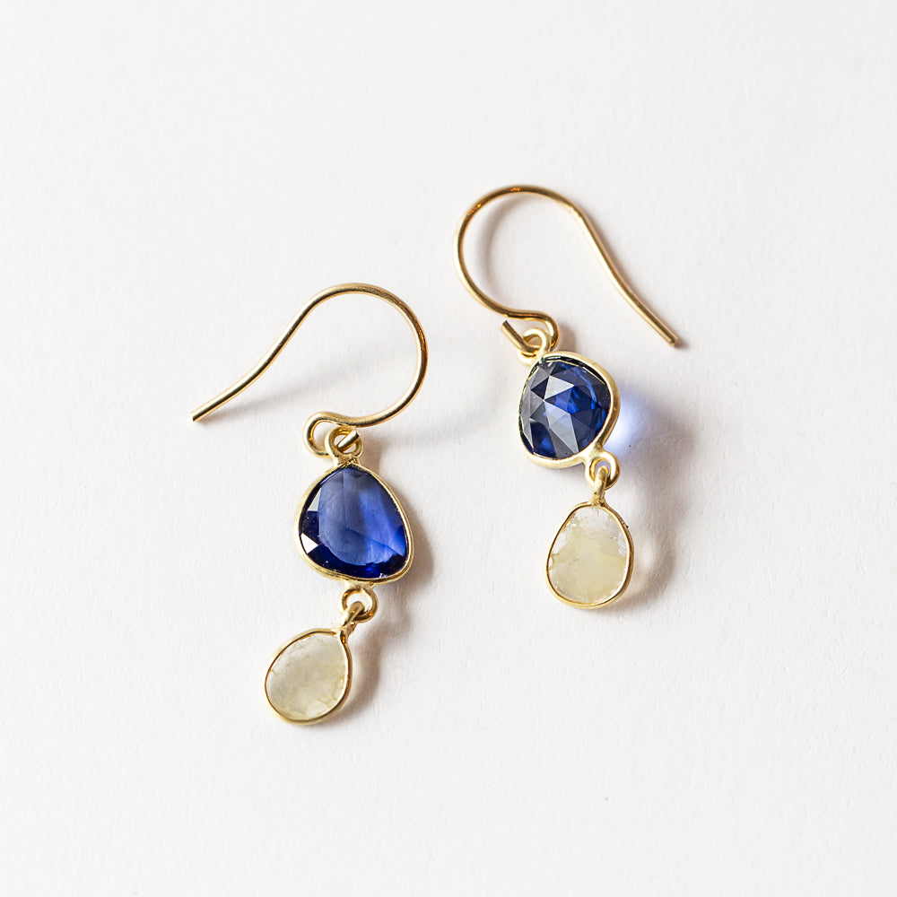 Asymmetrical Sapphire and Diamond Slice Double Drop Earrings