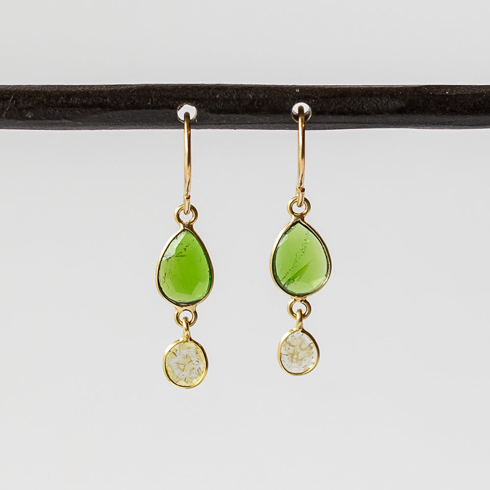 Chrome Diopside and Diamond Slice Double Drop Earrings