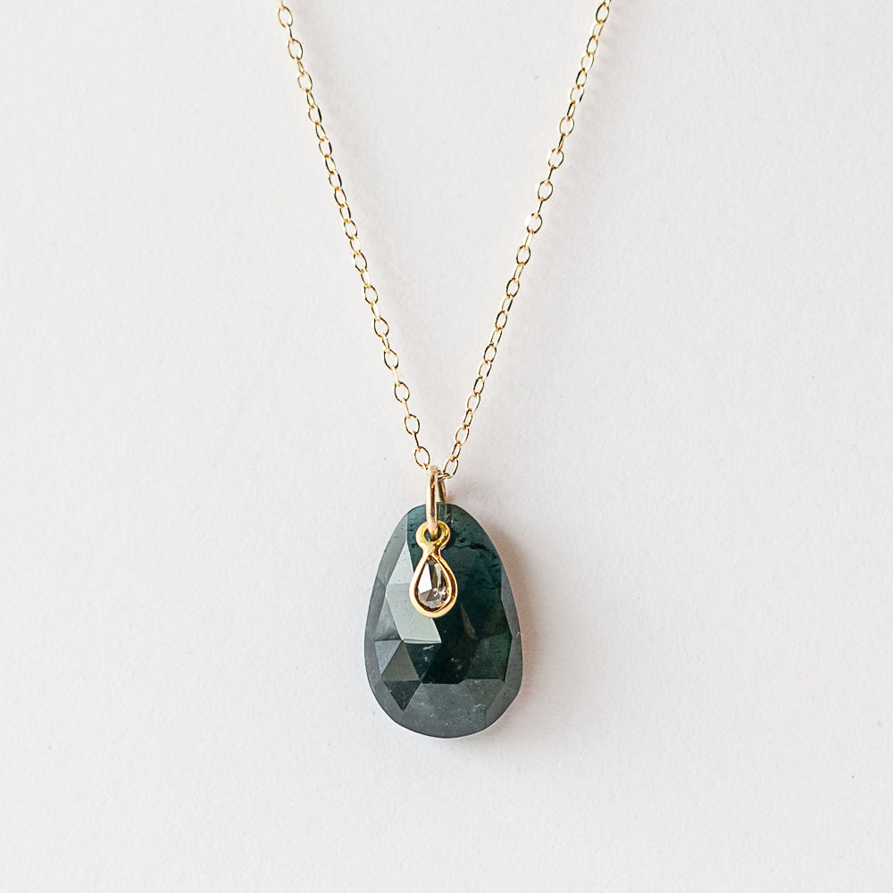 Large Deep Blue-Green Tourmaline Necklace with Tiny Diamond Dangle
