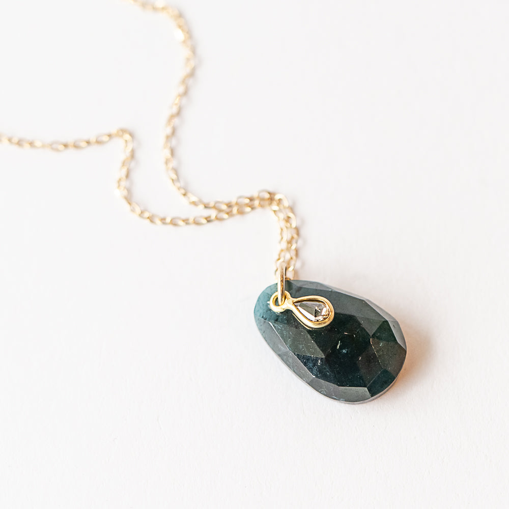 Large Deep Blue-Green Tourmaline Necklace with Tiny Diamond Dangle